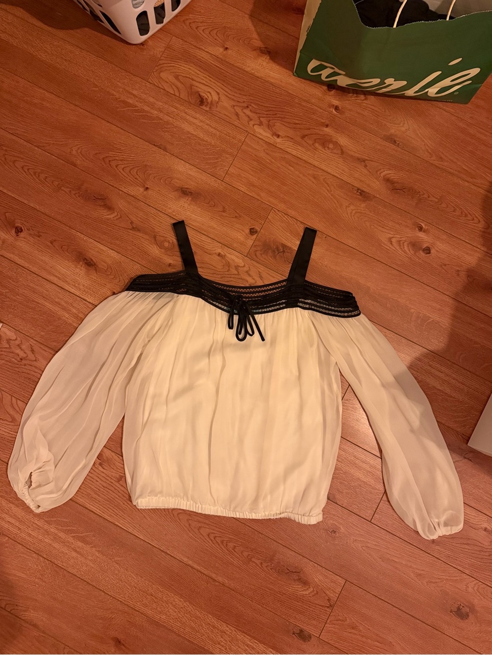 Guess by Marciano Ivory Off-Shoulder Blouse with Black Trim